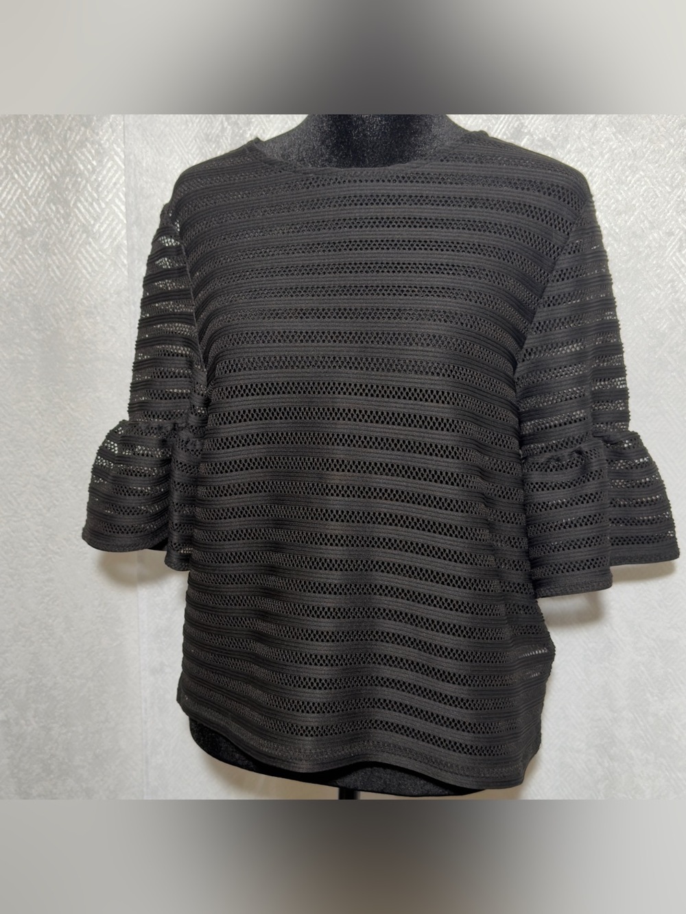 Twenty Black Open Mesh Striped Bell Sleeve Crop Top Semi Sheer Blouse Size S